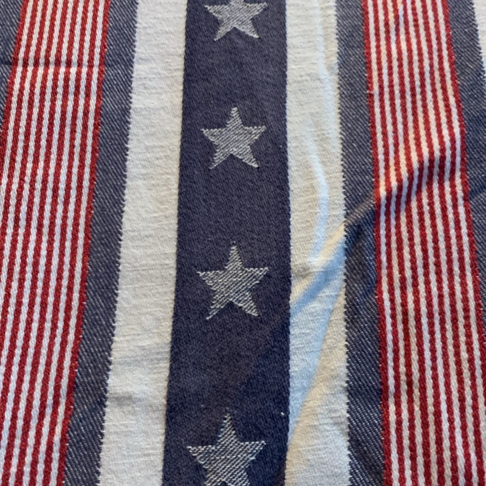 Round patriotic cotton tablecloth.  Red, white and blue with stars. Approx 64” - Picture 2 of 7